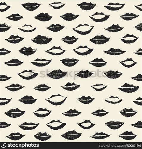 Seamless pattern with black colors lips prints on white background.