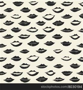 Seamless pattern with black colors lips prints on white background.