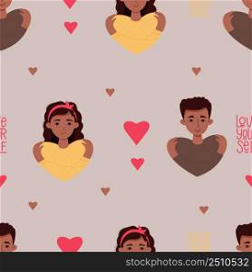 Seamless pattern with black couple of people. An ethnic girl with long hair and young man hug their shoulders on light pink background with hearts. Vector illustration. concept Love yourself