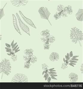 Seamless pattern with black outline tropical leaves on green background. Postcard, banner, app design. . Seamless pattern with black outline tropical leaves on green background.