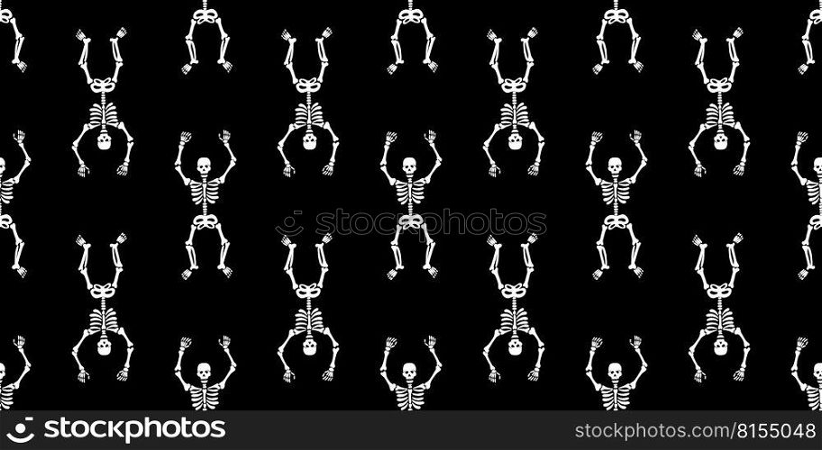 Seamless pattern with black skeletons, vigorously dancing and having fun on a black background. Pattern for Halloween and Day of the Dead. Seamless pattern with white skeletons.