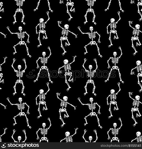 Seamless pattern with black skeletons, vigorously dancing and having fun on a black background. Pattern for Halloween and Day of the Dead. Seamless pattern with black skeletons