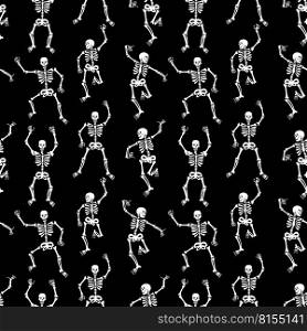 Seamless pattern with black skeletons, vigorously dancing and having fun on a black background. Pattern for Halloween and Day of the Dead. Seamless pattern with black skeletons