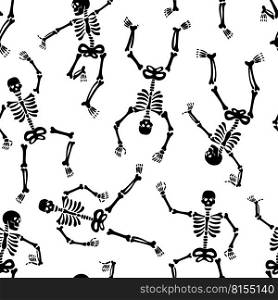 Seamless pattern with black skeletons, vigorously dancing and having fun on a white background. Pattern for Halloween and Day of the Dead. Seamless pattern with black skeletons.