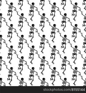 Seamless pattern with black skeletons, vigorously dancing and having fun on a white background.. Seamless pattern with black skeletons.