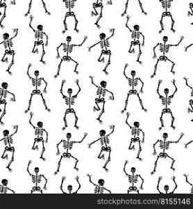 Seamless pattern with black skeletons, vigorously dancing and having fun on a white background. Pattern for Halloween and Day of the Dead. Seamless pattern with black skeletons.