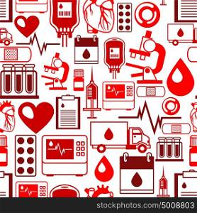 Seamless pattern with blood donation items. Medical and health care objects. Seamless pattern with blood donation items. Medical and health care objects.
