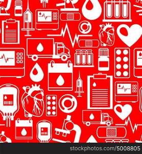 Seamless pattern with blood donation items. Medical and health care objects. Seamless pattern with blood donation items. Medical and health care objects.