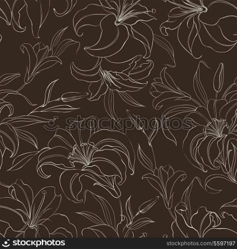 Seamless pattern with blooming lilies on brown background. Vector illustration.
