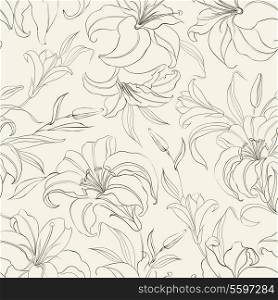 Seamless pattern with blooming lilies on sepia background. Vector illustration.