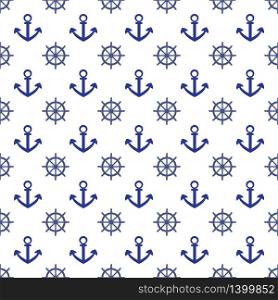 Seamless pattern with blue anchor and wheel on a white background. Marine print for textile, clothing, wallpaper, scrapbooking. Nautical vector illustration. Seamless pattern marine elements on a white background