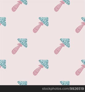 Seamless pattern with blue and pink magic mushrooms. Tender palette in pastel tones. Nature print. Decorative backdrop for fabric design, textile print, wrapping, cover. Vector illustration.. Seamless pattern with blue and pink magic mushrooms. Tender palette in pastel tones. Nature print.