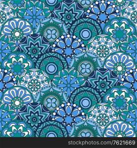 Seamless pattern with blue circles and floral elements for textile or another background design