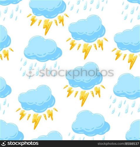 Seamless pattern with blue clouds, rain and lightning. Cartoon cute image of natural phenomenon.. Seamless pattern with blue clouds, rain and lightning. Cartoon image of natural phenomenon.