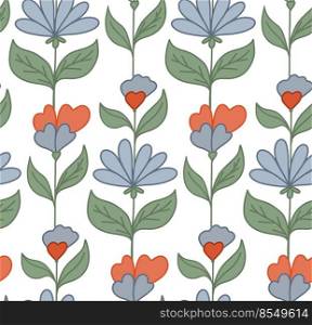 Seamless pattern with blue groovy flowers on stems and foliage on white background. Hippie wallpaper. Vector nature retro floral texture for fabric. Flower power backdrop.. Seamless pattern with blue groovy flowers on stems and foliage on white background. Hippie wallpaper. Vector nature retro floral texture