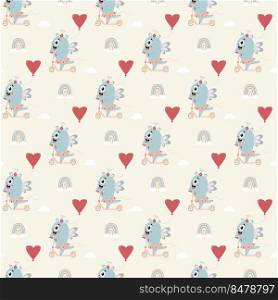 Seamless pattern with blue monster. cute character - monster girl in skirt rides scooter with balloon on light background with rainbow and clouds. Vector. Scandinavian style. Kids Collection 