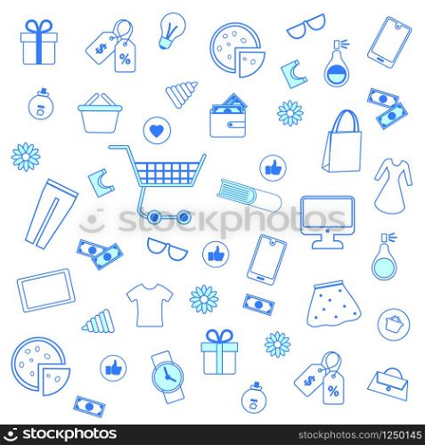 Seamless Pattern with Blue Outline Shopping Icons on White Background. Online Shop, Mobile Shopping, Buying in Internet Store. Texture for Fabric, Textile. Ornament, Print. Flat Vector Illustration. Seamless Pattern with Blue Outline Shopping Icons