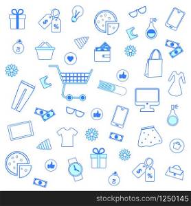Seamless Pattern with Blue Outline Shopping Icons on White Background. Online Shop, Mobile Shopping, Buying in Internet Store. Texture for Fabric, Textile. Ornament, Print. Flat Vector Illustration. Seamless Pattern with Blue Outline Shopping Icons