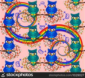 Seamless pattern with blue owl-boys on branches against the background of LGBT symbols, the concept of male love. Two owls gays in love. Two owls gays in love