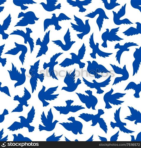Seamless pattern with blue silhouettes of flying dove birds over white background. Peace, religion theme or wallpaper design. Flying dove birds seamless pattern
