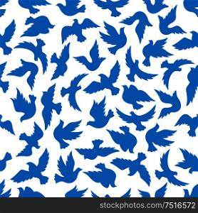 Seamless pattern with blue silhouettes of flying dove birds over white background. Peace, religion theme or wallpaper design. Flying dove birds seamless pattern