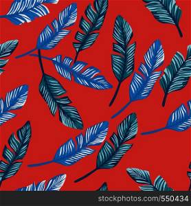Seamless pattern with blue tropical banana leaves on living coral background. Vector exotic botanical wallpaper