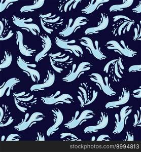 Seamless pattern with blue water splashes on a dark background. Vector illustration. For packaging, textile, cover, background.