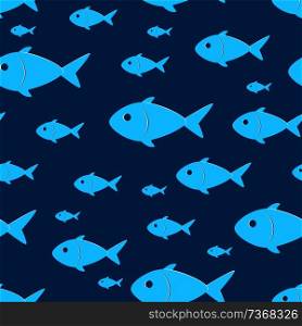 Seamless pattern with bluish size variative fish vector illustration on dark blue background. Useful as wallpaper of print for textile or fabric.. Seamless Pattern with Sketch Size Variation Fish