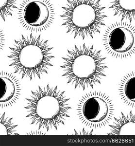 Seamless pattern with bohemian sun and moon. Vector hand drawn illustration.. Seamless pattern with bohemian sun and moon.