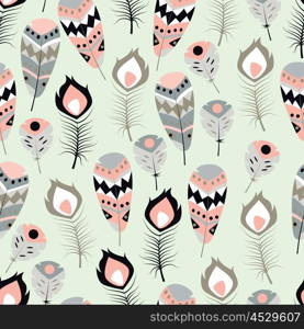 Seamless pattern with boho vintage tribal ethnic colorful vibrant feathers, vector illustration