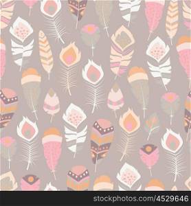 Seamless pattern with boho vintage tribal ethnic colorful vibrant feathers, vector illustration