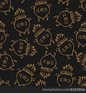 Seamless pattern with boiling magic cauldron. Hand drawn vector illustration.