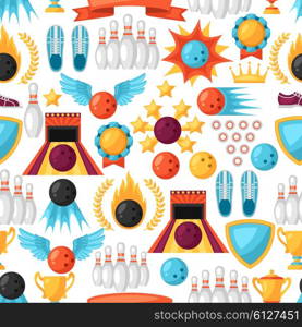 Seamless pattern with bowling items. Background made without clipping mask. Easy to use for backdrop, textile, wrapping paper.