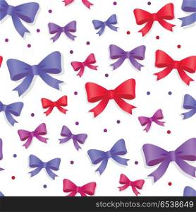 Seamless Pattern with Bows. Gift Kknots of Ribbon. Seamless pattern with bows isolated on white. Pussy color bright bowknots endless texture. Gift knots of ribbon in flat style design. Overwhelming bow decorative elements Vector cartoon illustration