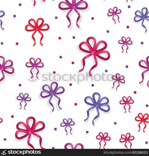 Seamless Pattern with Bows. Gift Kknots of Ribbon. Seamless pattern with bows isolated on white. Pussy color bright bowknots endless texture. Gift knots of ribbon in flat style design. Wide and thin decorative elements. Vector cartoon illustration