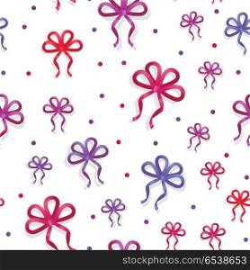 Seamless Pattern with Bows. Gift Kknots of Ribbon. Seamless pattern with bows isolated on white. Pussy color bright bowknots endless texture. Gift knots of ribbon in flat style design. Wide and thin decorative elements. Vector cartoon illustration