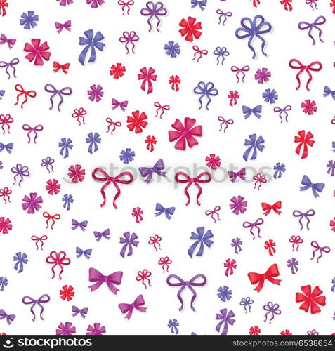 Seamless Pattern with Bows. Gift Kknots of Ribbon. Seamless pattern with bows isolated on white. Pussy color bright bowknots endless texture. Gift knots of ribbon in flat style design. Wide and thin decorative elements. Vector cartoon illustration