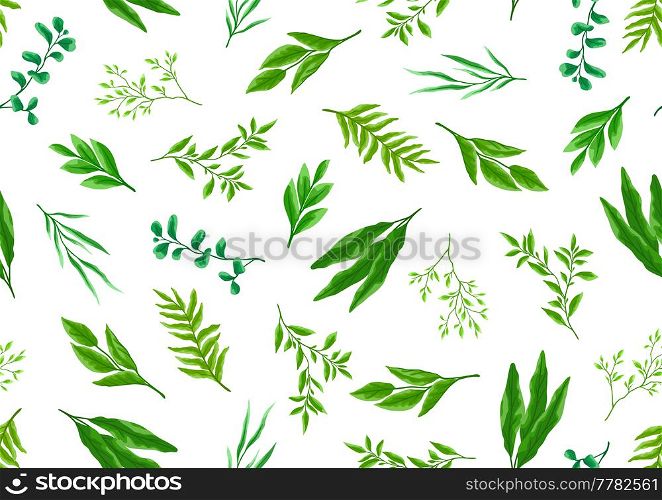 Seamless pattern with branches and green leaves. Spring or summer stylized foliage. Seasonal illustration.. Seamless pattern with branches and green leaves. Spring or summer stylized foliage.