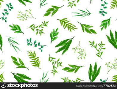 Seamless pattern with branches and green leaves. Spring or summer stylized foliage. Seasonal illustration.. Seamless pattern with branches and green leaves. Spring or summer stylized foliage.