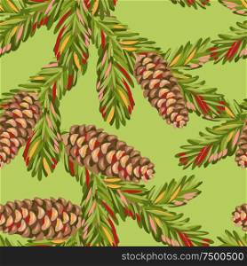 Seamless pattern with branches fir cones. Stylized hand drawn in retro style.. Seamless pattern with spruce branches fir cones.