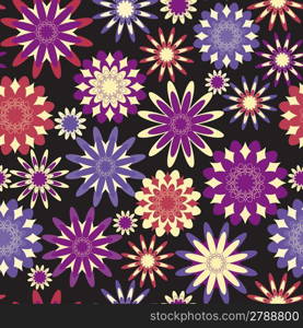 Seamless pattern with bright abstract flowers on a black background(can be repeated and scaled in any size)