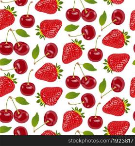 Seamless pattern with bright appetizing red ripe berries on a white background. Juicy, delicious strawberries and cherries. Vector illustration. For textiles, wallpaper or wrapping.. pattern with bright appetizing red ripe berries