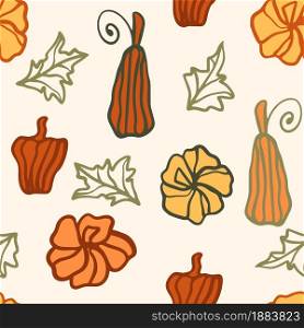 Seamless pattern with bright autumn colored hand-drawn pumpkins. Background with a harvest of pumpkins of different shapes. Template for wallpaper, packaging and fabric for Thanksgiving and Halloween, vector illustration.. Seamless pattern with bright autumn colored hand-drawn pumpkins.
