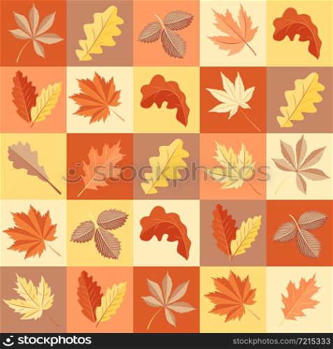 Seamless pattern with bright autumn leaves. Square background. Autumn time. Vector.