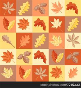 Seamless pattern with bright autumn leaves. Square background. Autumn time. Vector.