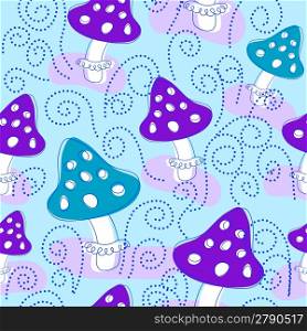 Seamless pattern with bright cute amanita mushrooms