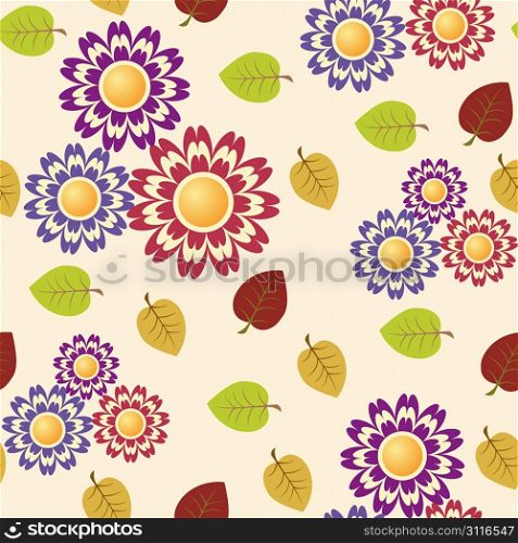 Seamless pattern with bright flowers and leaves