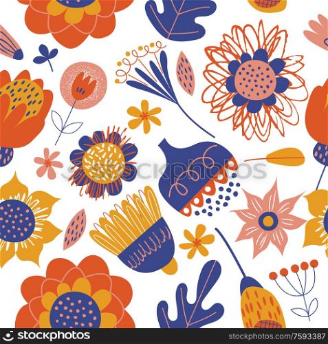 Seamless pattern with bright minimalistic flowers in Scandinavian style. Vector illustration on a white background.. Seamless pattern with bright minimalistic flowers. Vector illustration on a white background.
