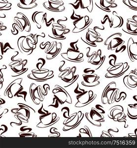 Seamless pattern with brown steaming coffee cups for menu or cafe decoration design. Seamless pattern with brown coffee cups