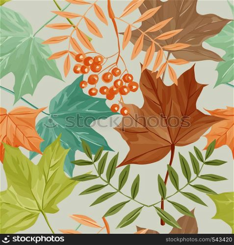 seamless pattern with brown, yellow, blue, green autumn leaves Colorful leaf of maple, aspen and rowan with berries